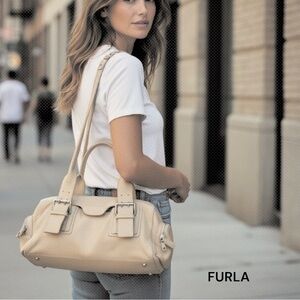 Furla authentic caramel latte pebbled leather Side Zip Pockets- Silver Buckles